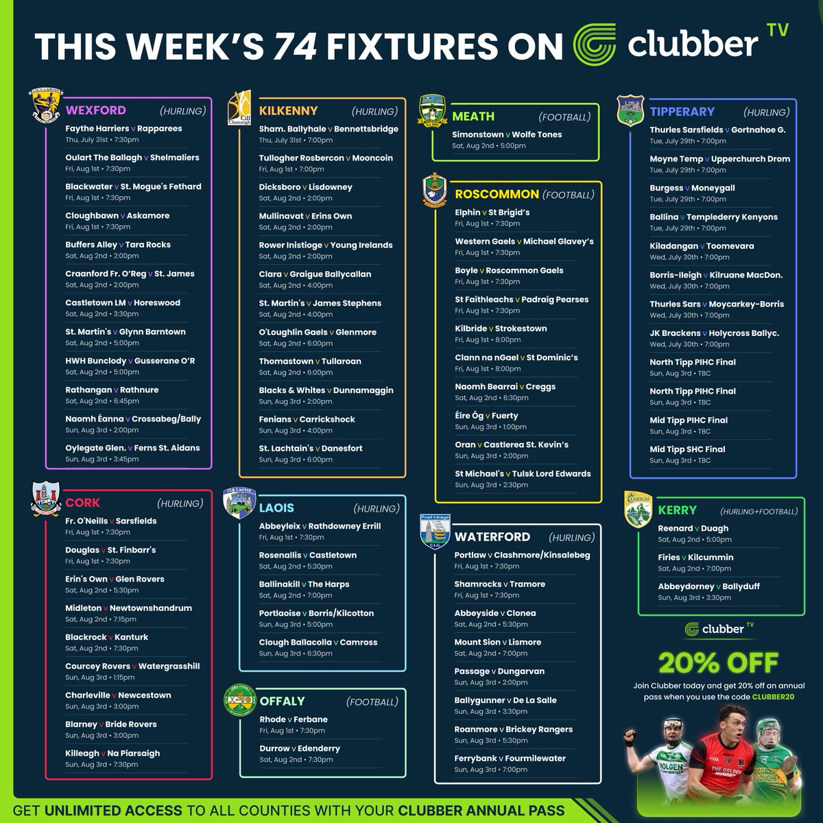 Clubber (@clubber) on Twitter photo 🔴 HERE WE GO! 🔴
THIS WEEK'S 74 FIXTURES ON #ClubberTV.
A new record number of games covered in a week. 👏
Action from 10 different Counties. 🤩
📺 Watch exclusively on clubber.ie.
12 x <a href="/OfficialWexGAA/">Wexford GAA</a> 🟣
9 x <a href="/OfficialCorkGAA/">Cork GAA</a> 🔴
12 x <a href="/KilkennyCLG/">Kilkenny GAA</a> 🟡
2 x 🔴 HERE WE GO! 🔴
THIS WEEK'S 74 FIXTURES ON #ClubberTV.
A new record number of games covered in a week. 👏
Action from 10 different Counties. 🤩
📺 Watch exclusively on clubber.ie.
12 x <a href="/OfficialWexGAA/">Wexford GAA</a> 🟣
9 x <a href="/OfficialCorkGAA/">Cork GAA</a> 🔴
12 x <a href="/KilkennyCLG/">Kilkenny GAA</a> 🟡
2 x