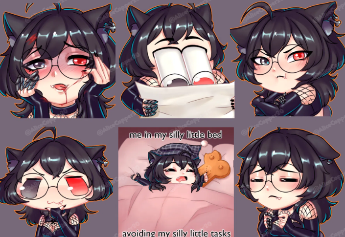 Just finished this cozy lil emote set! 🐾💤

Perfect for streamers, Discord, or anyone who loves being in their silly little bed avoiding tasks 😌

Commissions open. DM me if you want your own character in this style!
#VTuber #TwitchEmotes #DiscordEmotes #ChibiArt #StreamerAssets