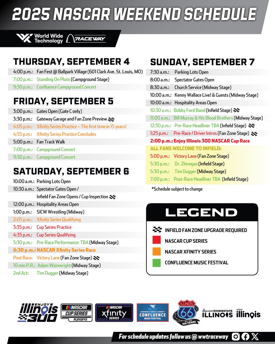 WWT Raceway (@wwtraceway) on Twitter photo ๐ THE WAIT IS OVER! ๐
Your 2025 <a href="/NASCAR/">NASCAR</a> Cup Weekend schedule is officially here โ September 4-7! From the return of the <a href="/NASCAR_Xfinity/">NASCAR Xfinity</a> Series to concerts and surprise headliners, this weekend is stacked with racing, music, and fan experiences you wonโt want to miss. ๐ถ๐ฅ
๐ A ๐ THE WAIT IS OVER! ๐
Your 2025 <a href="/NASCAR/">NASCAR</a> Cup Weekend schedule is officially here โ September 4-7! From the return of the <a href="/NASCAR_Xfinity/">NASCAR Xfinity</a> Series to concerts and surprise headliners, this weekend is stacked with racing, music, and fan experiences you wonโt want to miss. ๐ถ๐ฅ
๐ A