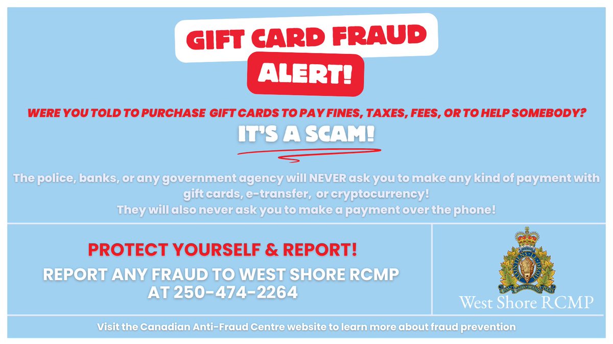 If you're told to pay fines or fees with gift cards...it's a scam!! 

☎️Report any fraud to West Shore RCMP at 250-474-2264. 

Learn more about gift card scams: bit.ly/46rNkee