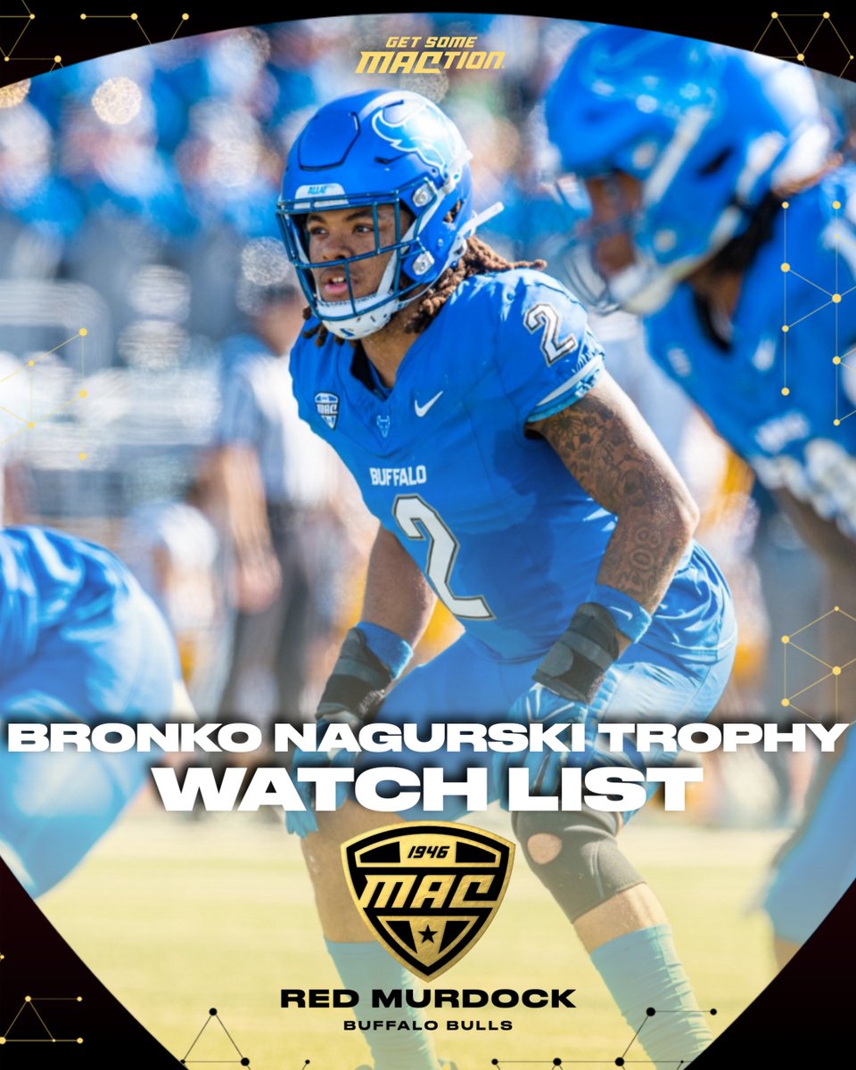 MACtion (@macsports) on Twitter photo Congrats to Buffalo's <a href="/redmurdock2/">Red Murdock₂₂₂</a> on being named to the <a href="/NagurskiTrophy/">Nagurski Trophy</a> Watch List! 🤘
The awarded is presented annually to the best defensive player in college football.
<a href="/UBFootball/">UB Football</a> | #MACtion Congrats to Buffalo's <a href="/redmurdock2/">Red Murdock₂₂₂</a> on being named to the <a href="/NagurskiTrophy/">Nagurski Trophy</a> Watch List! 🤘
The awarded is presented annually to the best defensive player in college football.
<a href="/UBFootball/">UB Football</a> | #MACtion