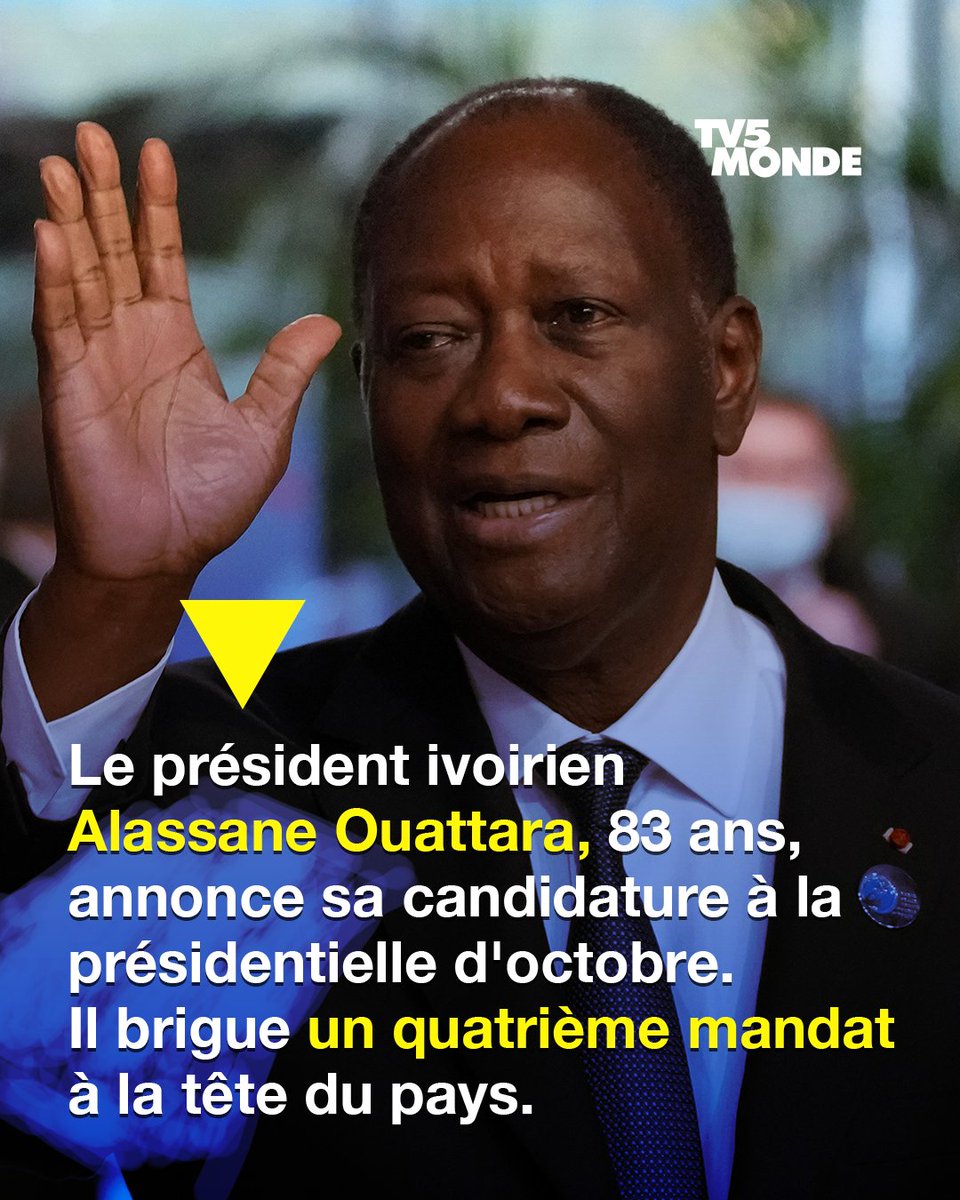 #URGENT 🔥 #Côted'Ivoire : #Alassana Ouattara annonce sa candidature à la prochaine présidentielle d'octobre. 
À l'âge de 83 ans, il vais encore briguer un 4ème mandat à  la tête du pays. 

📌Avec ce système de nos présidents africains, rien n'avancera en Afrique.