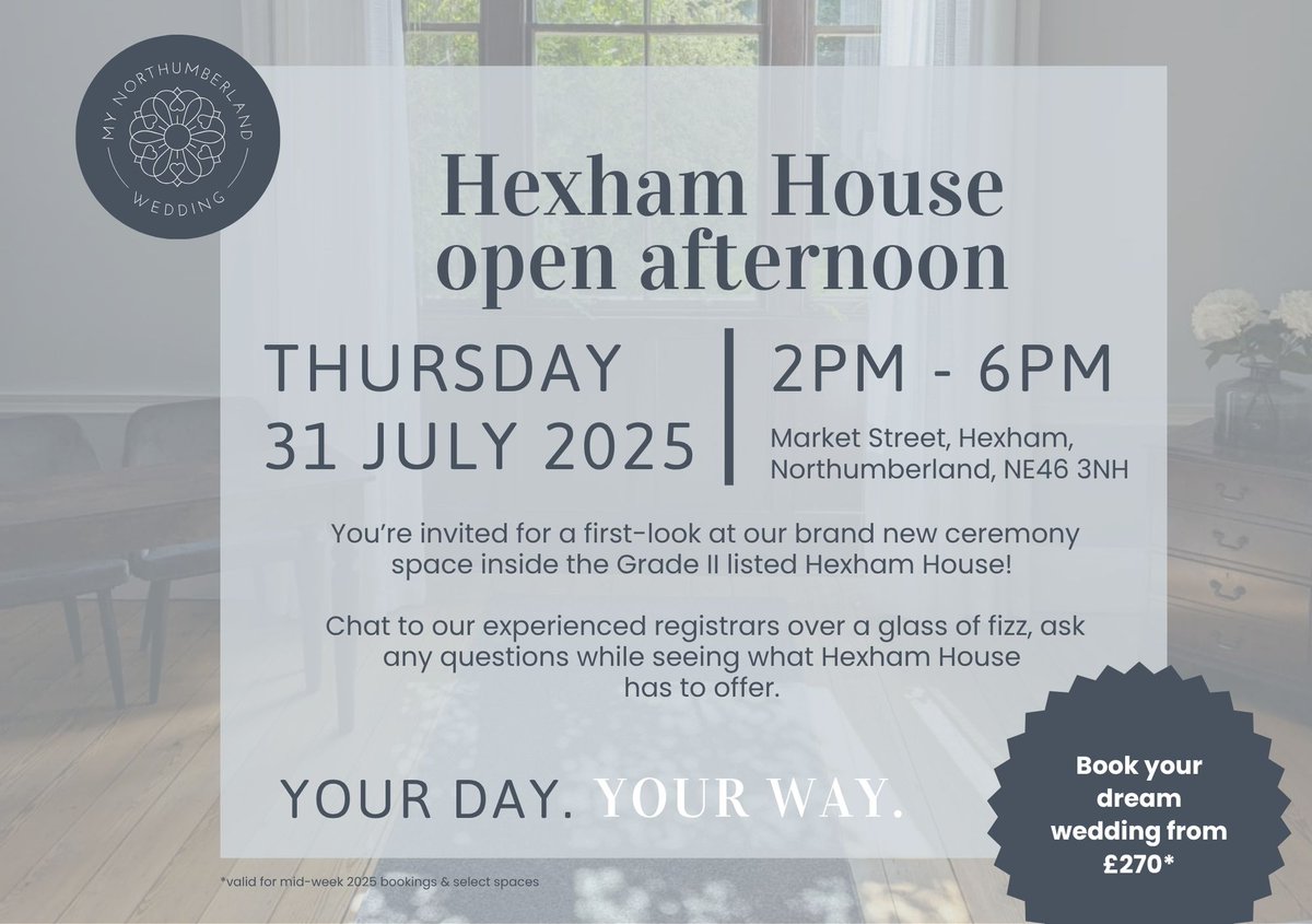 New Intimate Ceremony Room at Hexham House 💍 Join us on Thurs 31 July, 2–6pm for an open afternoon at Hexham House.

🍾 Glass of fizz on arrival
💬 Chat with our registrars
❤️ No ticket needed – just drop in!

#HexhamHouse #NorthumberlandWeddings #IntimateWeddings