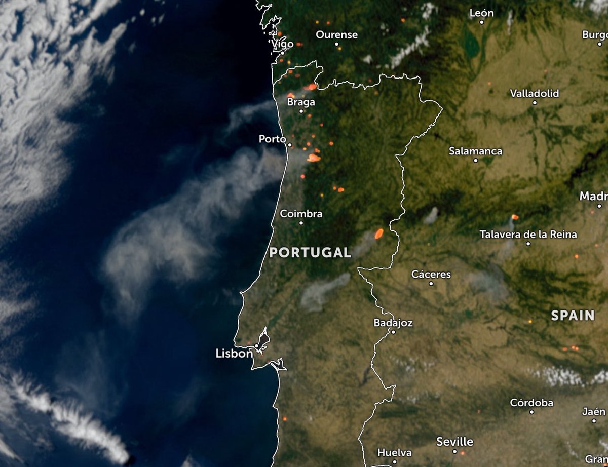 Several areas are burning today in Portugal and Spain. Some of the smoke plumes that stand out are originating from fires close to Castelo Branco and Porto.