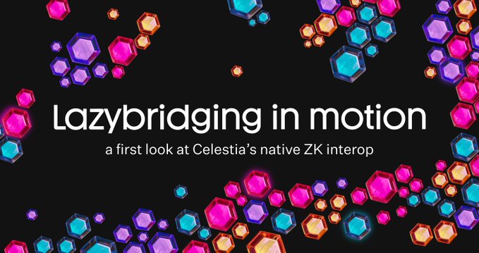 Lazybridging in Motion - A vibrant display of colorful hexagonal gems against a black background with text highlighting Celestia's native ZK interop