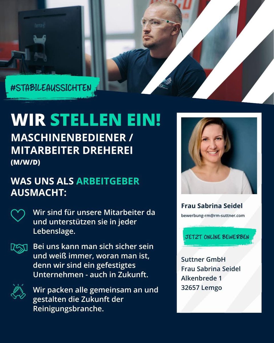 👷‍♂️ Maschinen laufen – aber nur mit dir.

Wir suchen dich als Maschinenbediener / Mitarbeiter Dreherei (m/w/d)

karriere.rm-suttner.com/stelle/maschin…

#suttner #lemgo #nrw #mitherzundhochdruck #stabileaussichten #fürdichda #karriere #stellenangebot #drehtechnik #zerspanung #maschinenbediener