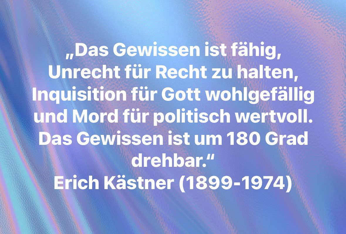 „Das Gewissen ist fähig, Unrecht für Recht zu halten, Inquisition für Gott wohlgefällig und Mord für politisch wertvoll. Das Gewissen ist um 180 Grad drehbar.“ Erich Kästner (1899-1974), der am heutigen 29. Juli 2025 seinen 51. Todestag hat. #gewissen #erichkästner #kästner