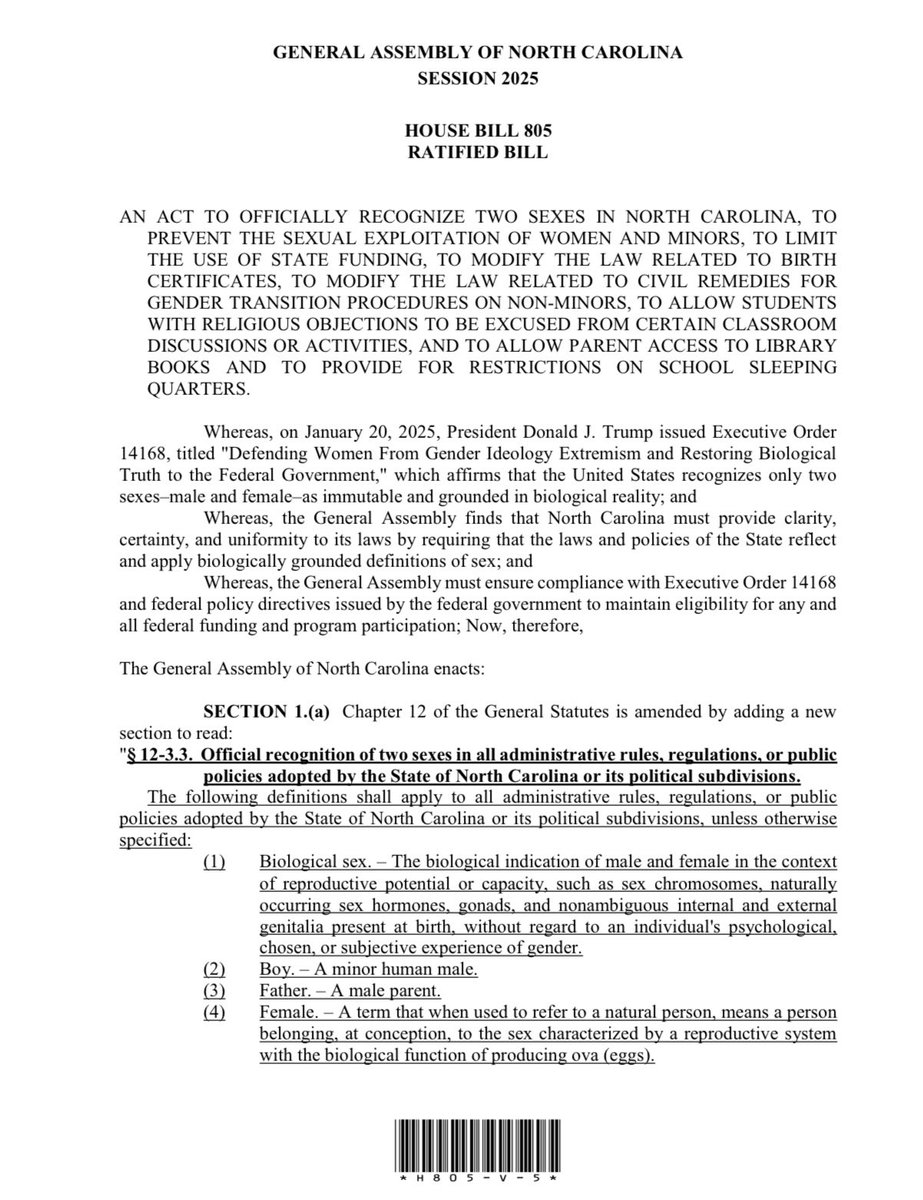 🚨BREAKING: The NC legislature has overridden Governor Stein's veto of HB-805!

NC now only recognizes women &amp; men in their biological definitions! The law also prohibits state funding for chemical/surgical castration for minors &amp; gives parents rights in their kid's schools!