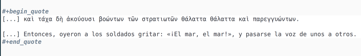 El célebre Anábasis 4, 7, 24 y su 'θάλαττα θάλαττα'. Cómo una frase tan simple nos trae la fuerza del encuentro y nos hace sentir ese clamor unánime que se extiende de boca en boca. Creo que siempre los he oído gritar cuando el mar se me hacía repentino, como siempre se muestra.