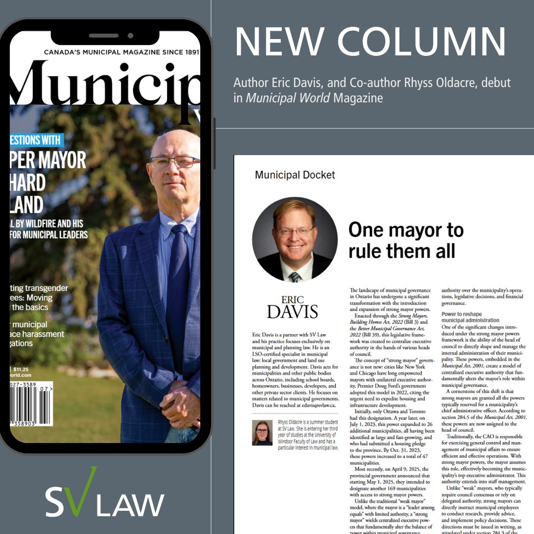 👏 Big news! Eric Davis, Municipal &amp; Planning Lawyer at #SVLaw, is now a contributing columnist for <a href="/MunicipalWorld/">MUNICIPAL WORLD</a> !

His debut article is featured in the July 2025 issue (p. 39), tackling key municipal challenges.

#MunicipalLaw #LegalInsights #PlanningLaw #LocalGovernment