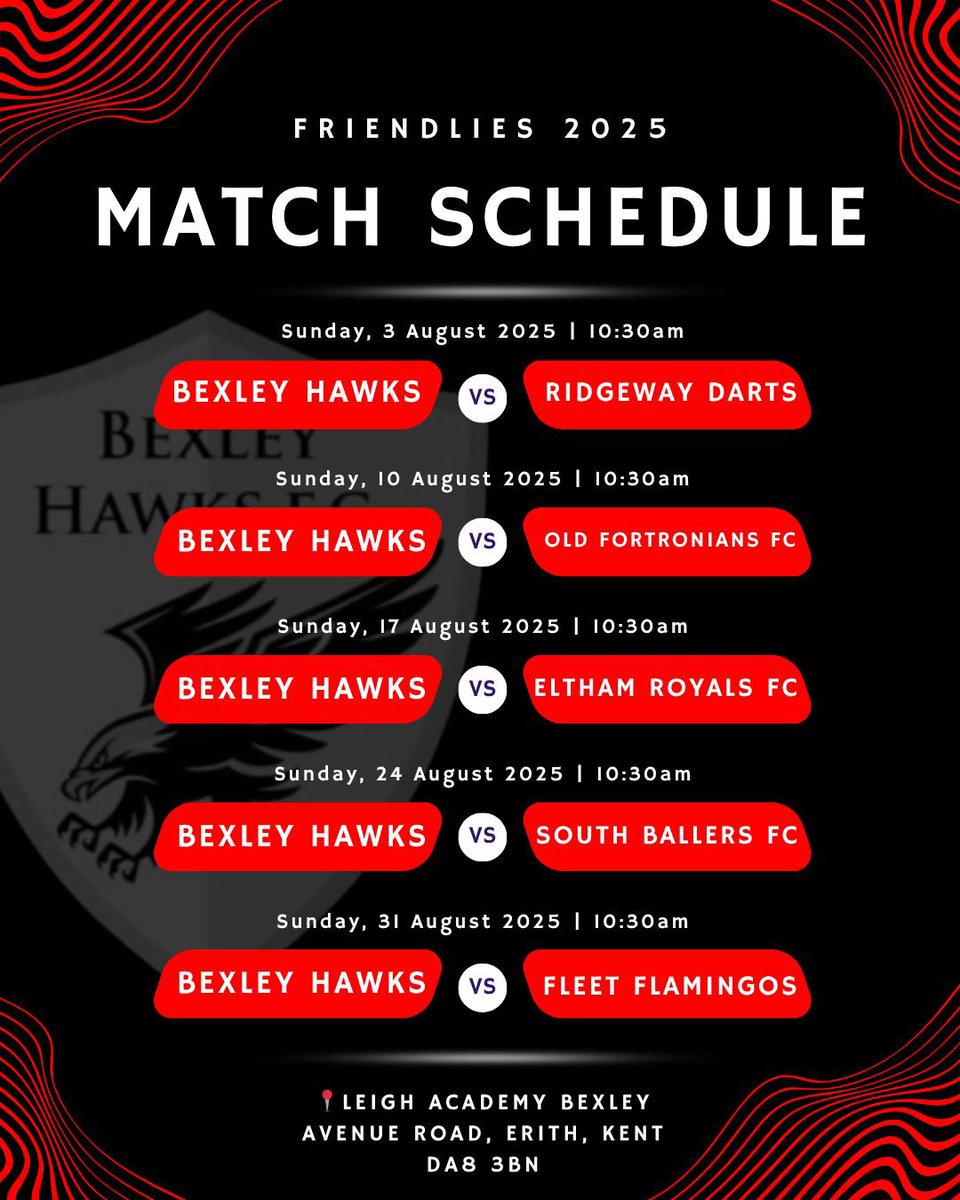 Bexley Hawks F.C. (@bexleyhawksfc) on Twitter photo As we head in to August, our pre season fixtures begin! Beginning this Sunday against <a href="/DartsRidgway/">Ridgeway Darts</a>.
Looking forward to finally getting back out there to sharpen up for the start of the season 👊🏼 ⚽️ As we head in to August, our pre season fixtures begin! Beginning this Sunday against <a href="/DartsRidgway/">Ridgeway Darts</a>.
Looking forward to finally getting back out there to sharpen up for the start of the season 👊🏼 ⚽️