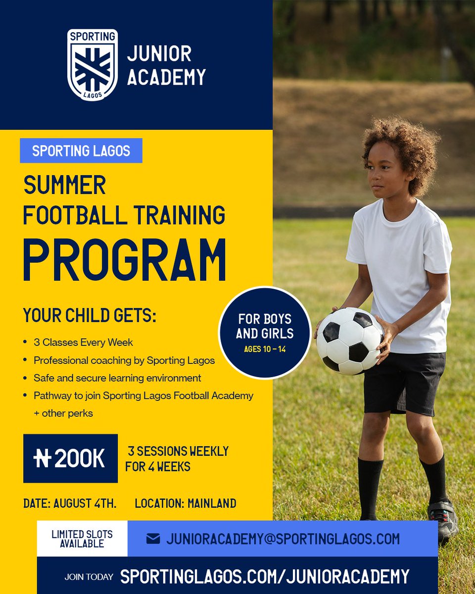 Kickstart your child’s football journey this summer with the Sporting Lagos Junior Football Academy 🥳

🔗 Click to register: sportinglagos.com/junioracademy

#SLFC #SLFA