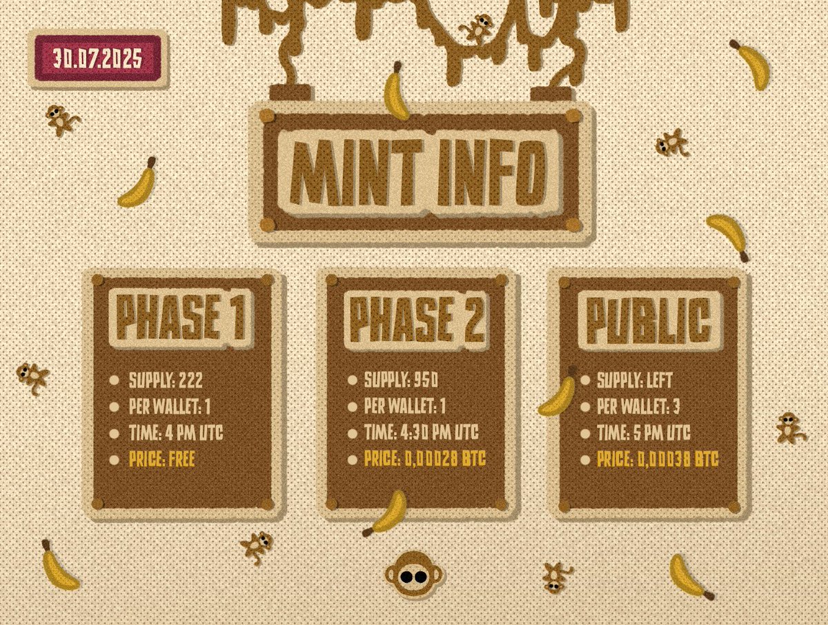 Checker and mint website - ordinalgenesis.xyz/mint/moonkees

Mint Info for Moonkees:
• Phase 1: 222 supply | FREE | 4 PM UTC
• Phase 2: 950 supply | 0.00028 BTC | 4:30 PM UTC
• Public phase: 0.00038 BTC | 5 PM UTC
(more info in our discord)

Last few spots in our form -