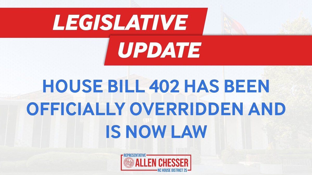 And just like that, House Bill 402 has been officially overridden and is now law. Thank you to my colleagues for your votes, and the public for their continued support for accountability and transparency! #ncpol #ncga