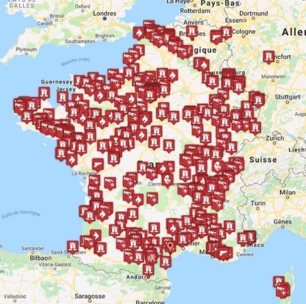Juste une carte des églises incendiées, détruites, vandalisées ou profanées en France ces dernières années.

Islamophobie?