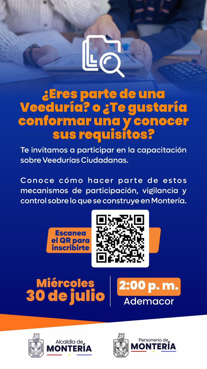 ¿Sabes qué es una veeduría ciudadana?
¿Te interesa conformar una y no sabes por dónde empezar?

📅 Este 30 de julio te esperamos en Ademacor a las 2:00 p. m. 

Participa en nuestra capacitación sobre veedurías y control ciudadano.

🔗 Inscríbete aquí 👉 forms.monteria.gov.co/#/reunion_adem…