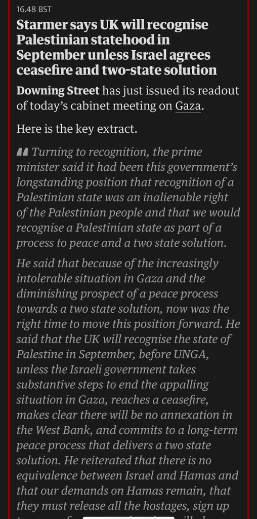 stefano menichini (@smenichini) on Twitter photo Dopo Spagna (lo scorso anno) e Francia, anche il Regno Unito a settembre riconoscerà lo Stato di Palestina.
Anche se per ora <a href="/Keir_Starmer/">Keir Starmer</a> usa questo annuncio come arma negoziale per fermare #Israele a #Gaza.
L’ultim’ora dal <a href="/guardian/">The Guardian</a> Dopo Spagna (lo scorso anno) e Francia, anche il Regno Unito a settembre riconoscerà lo Stato di Palestina.
Anche se per ora <a href="/Keir_Starmer/">Keir Starmer</a> usa questo annuncio come arma negoziale per fermare #Israele a #Gaza.
L’ultim’ora dal <a href="/guardian/">The Guardian</a>
