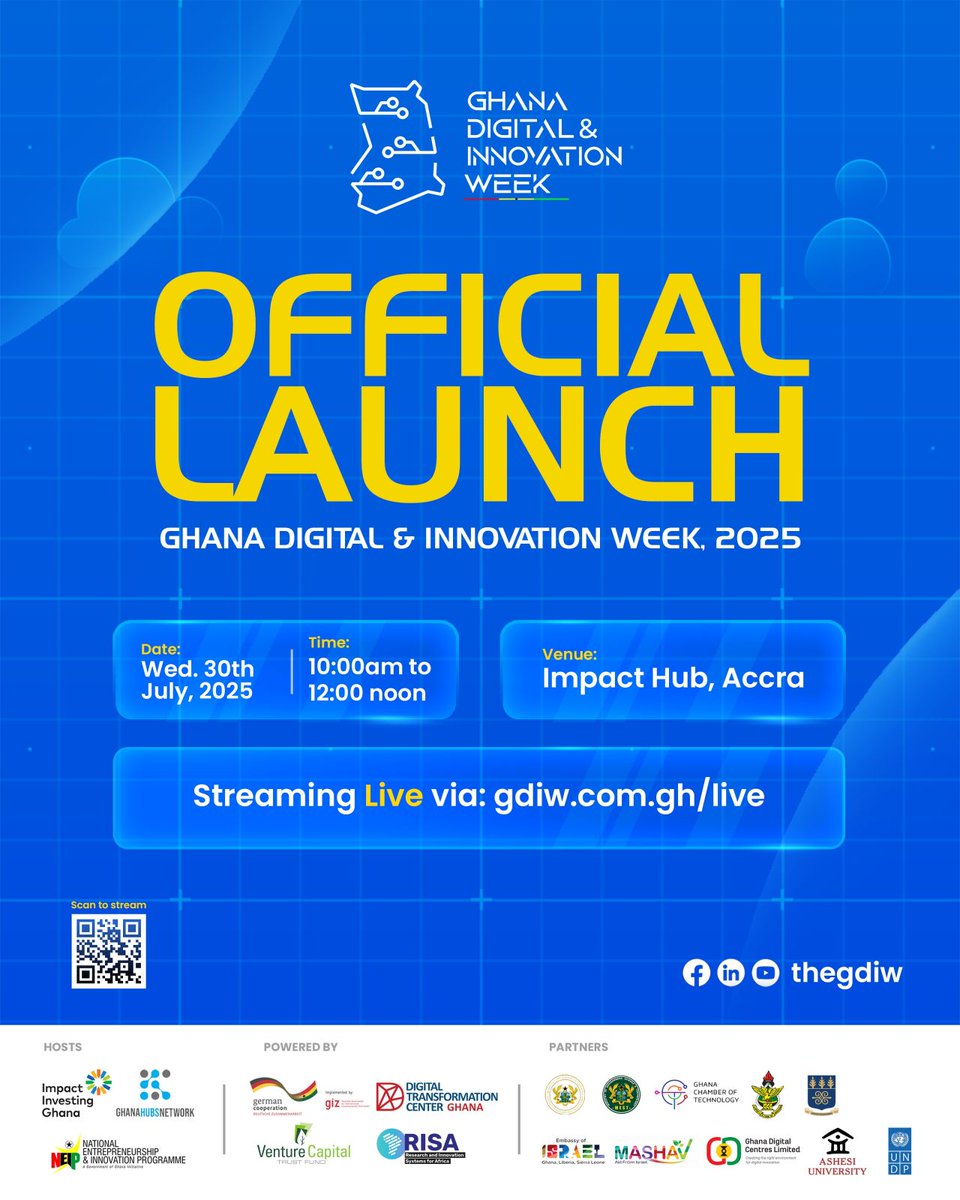 We’re unveiling the theme and what’s ahead for Ghana’s digital future.

📺 Watch live: gdiw.com.gh/live

#GDIW #GDIW25 #InnovationInGhana #DigitalGhana #GhanaHubsNetwork #TechForGood