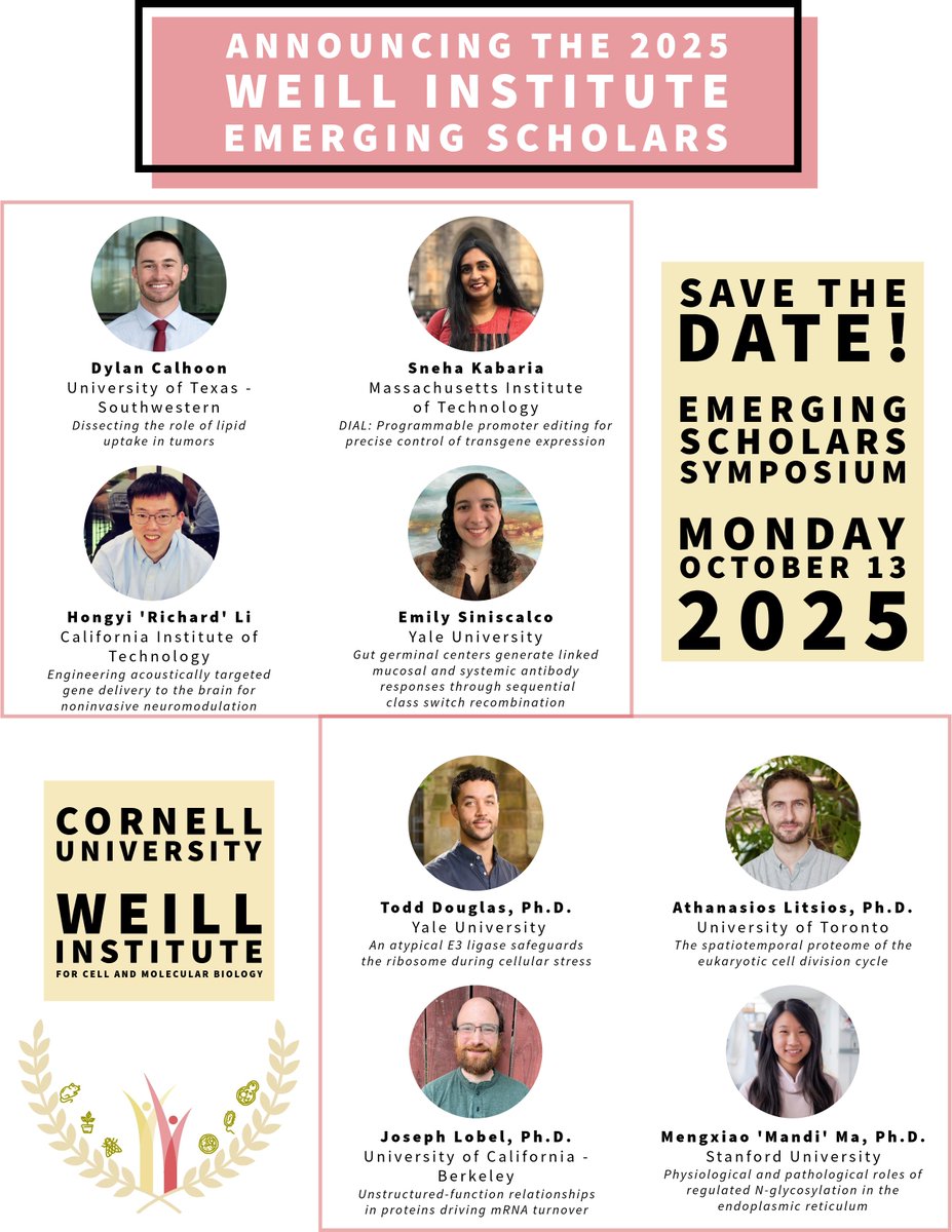 weillinstitute's tweet image. We’re thrilled to announce our Weill Institute 2025 Emerging Scholars –– eight outstanding grad students &amp;amp; postdocs selected for their innovative research, from institutions across the US and Canada. We&apos;ll welcome them to Cornell’s campus Oct 13–14, 2025. bit.ly/45f5GwQ