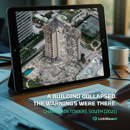 LinkWaveAI's tweet image. Champlain Towers South collapsed after years of ignored warnings 98 lives lost.
Cracks, corrosion, leaks. The signs were there. Action wasn’t.
Building codes aren’t suggestions. They’re safeguards.
#Surfside #StructuralSafety #CodeMatters #LinkWaveAI #CaseStudy