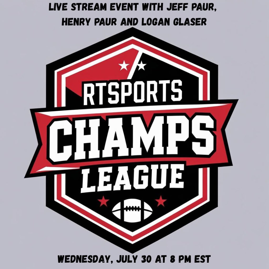 RTFSnews's tweet photo. RealTime Fantasy Sports broadcasts the Champs League draft at 8 PM ET. Jeff Paur, Henry Paur and Logan Glaser give you an in-depth look at the league. The trio will draft live on the air and be joined by other participants of the draft throughout the broadcast. The Champs League is an invite-only league that consists of the top-rated owners on RTSports.

Tune in: https://t.co/ZkmQPh51qZ

#NFL #Fantasyfootball