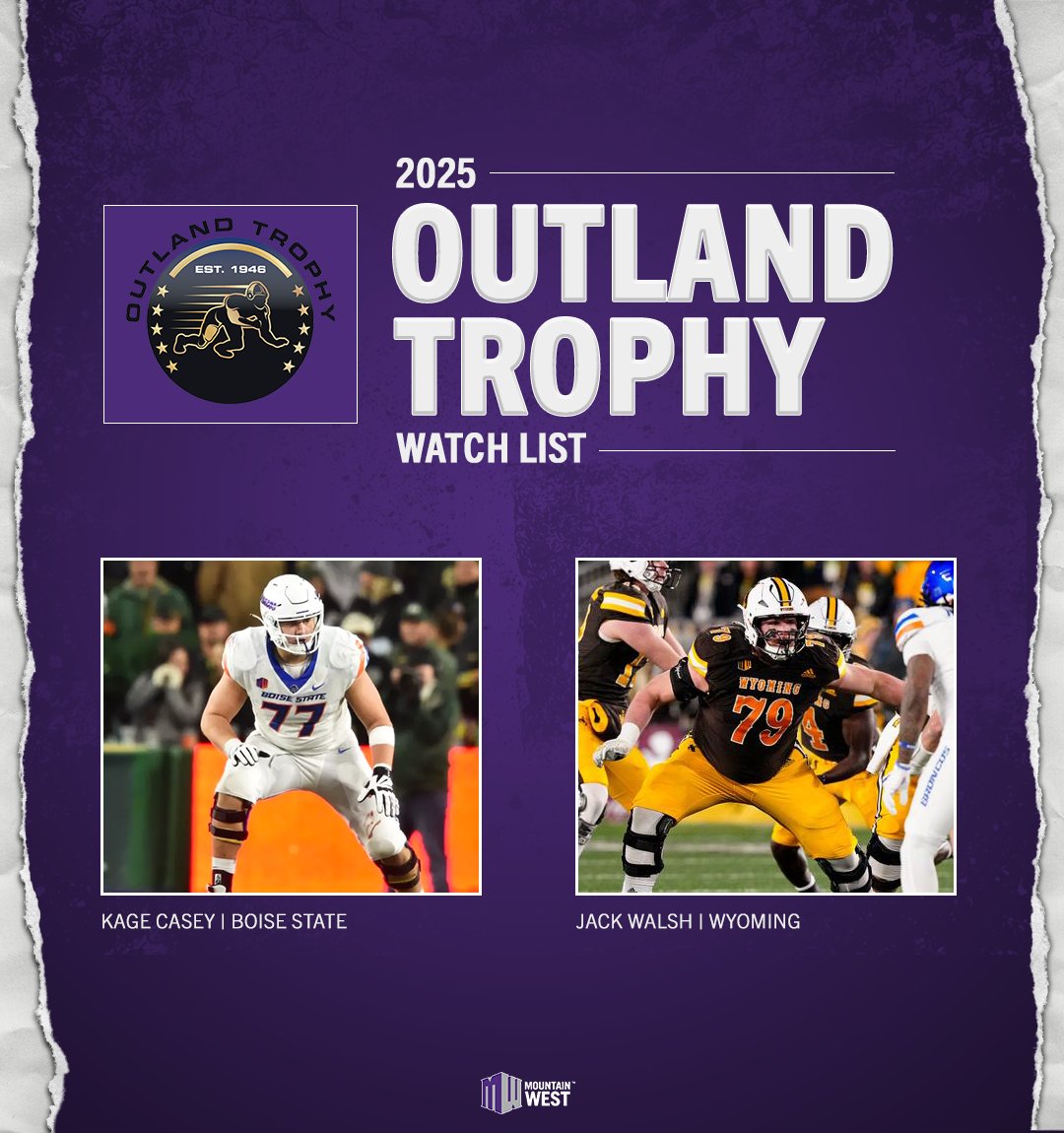 Mountain West (@mountainwest) on Twitter photo The leaders up front ๐ค
<a href="/BroncoSportsFB/">Boise State Football</a>'s Kage Casey & <a href="/wyo_football/">Wyoming Cowboy Football</a>'s Jack Walsh named to the @OutlandTrophy Preseason Watch List
#MWFB The leaders up front ๐ค
<a href="/BroncoSportsFB/">Boise State Football</a>'s Kage Casey & <a href="/wyo_football/">Wyoming Cowboy Football</a>'s Jack Walsh named to the @OutlandTrophy Preseason Watch List
#MWFB