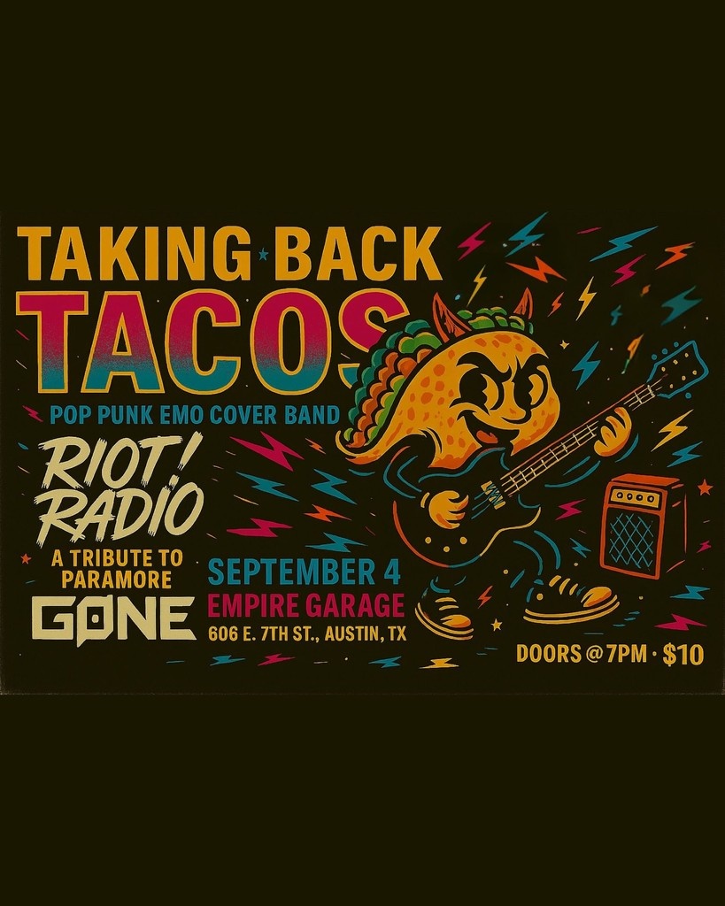 🎉JUST ANNOUNCED🎉 Taking Back Tacos is bringing the ultimate Pop Punk &amp; Emo party to the Garage on September 4th  and they’re bringing the heat with Riot Radio! and GONE 🎶

🎟️ Tickets are ON SALE NOW don’t miss out - wl.eventim.us/event/taking-b…