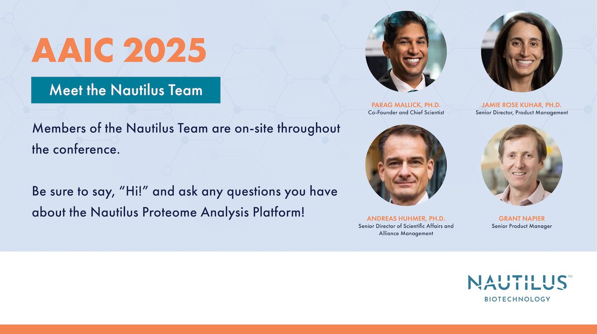 NautilusBio's tweet photo. Hey #AAIC25! Members of the Nautilus Team including Jamie Rose Kuhar, Andreas Huhmer, Parag Mallick, and Grant Napier are at AAIC and ready to answer any questions you might have about the Nautilus Proteome Analysis Platform.
#Proteomics #Proteoforms #Proteome #Neuroscience https://t.co/DVv0fi4rcX