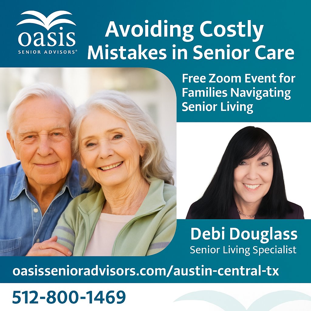 jeb0503's tweet image. Is your family navigating senior care decisions? Don&apos;t make these common—and costly—mistakes.
Join us for a free 30-minute Zoom event hosted by Debi Douglass, Senior Living Specialist with Oasis Senior Advisors Austin and Central... us02web.zoom.us/meeting/regist…

#SeniorCareHelp