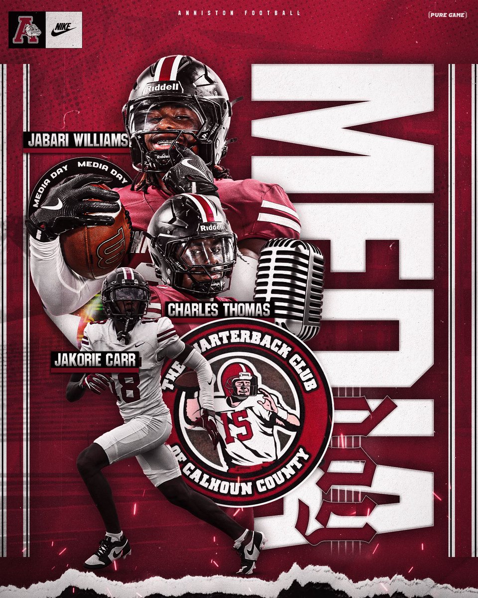 Anniston Bulldog Football (@annistondawgs) on Twitter photo 🐶MEDIA DAY!! <a href="/Jayman_the_1/">Jabari Williams</a> <a href="/thomas_charles6/">Charles Thomas</a> <a href="/k0rie3/">Jakorie Carr</a>
📍Anniston Country Club
⏰7/31/25 (Thursday) at 11:35am DAWGS ARE ON!
🗣️<a href="/AnnistonStar/">The Anniston Star</a> <a href="/annistonalgov/">The City of Anniston</a> <a href="/DexPreps/">DexPreps</a> <a href="/DownSouthFb1/">Down South</a> <a href="/AverageJoesSpo1/">Average Joe’s Sports Talk, LLC</a> <a href="/BenThomasPreps/">Ben Thomas</a> <a href="/AlabamaHSFB/">AHSFHS.org</a> <a href="/HallTechSports1/">Hall-Tech Sports</a> <a href="/BamaPrepsFB/">BamaPreps</a> <a href="/5ifthqrtprod/">5th QTR Productions</a>
#Dawgson3 🐶MEDIA DAY!! <a href="/Jayman_the_1/">Jabari Williams</a> <a href="/thomas_charles6/">Charles Thomas</a> <a href="/k0rie3/">Jakorie Carr</a>
📍Anniston Country Club
⏰7/31/25 (Thursday) at 11:35am DAWGS ARE ON!
🗣️<a href="/AnnistonStar/">The Anniston Star</a> <a href="/annistonalgov/">The City of Anniston</a> <a href="/DexPreps/">DexPreps</a> <a href="/DownSouthFb1/">Down South</a> <a href="/AverageJoesSpo1/">Average Joe’s Sports Talk, LLC</a> <a href="/BenThomasPreps/">Ben Thomas</a> <a href="/AlabamaHSFB/">AHSFHS.org</a> <a href="/HallTechSports1/">Hall-Tech Sports</a> <a href="/BamaPrepsFB/">BamaPreps</a> <a href="/5ifthqrtprod/">5th QTR Productions</a>
#Dawgson3