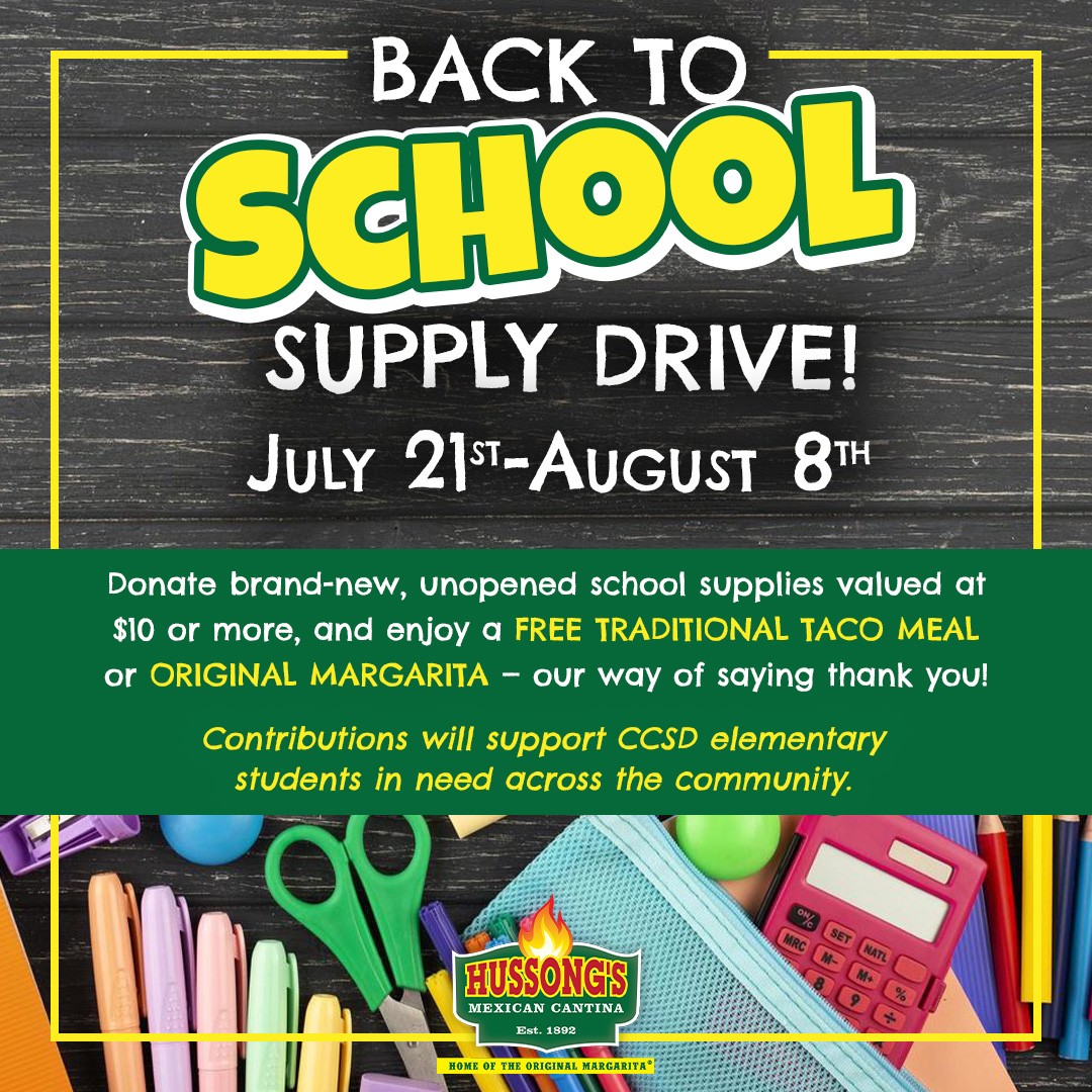 🌮📚 Hussong’s Mexican Cantina is turning tacos into tools for success! 🎯✏️

From July 21–August 8, donate $10+ worth of new school supplies at any of our 3 Las Vegas locations and receive a FREE original margarita or classic taco — our way of saying thanks! #HussongsCantina