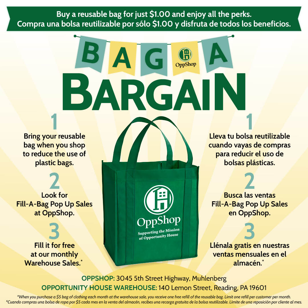 We believe in reusing, recycling, repurposing, and reducing waste.♻️ Buy a bag for $1--and help us reduce our use of plastic bags.  Plus, look for special promotions at OppShop and extra value at our warehouse sales when you use this reusable bag.  💚
