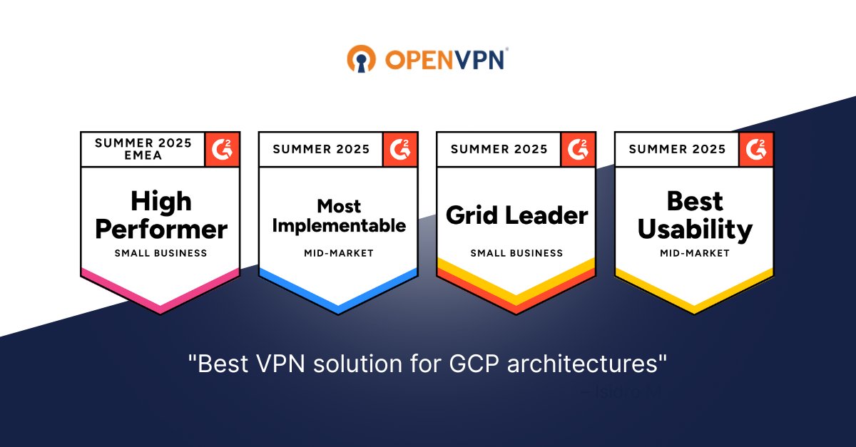 🎉 It's that time again! OpenVPN has been recognized by <a href="/G2dotcom/">G2</a> with multiple Summer 2025 awards, from Grid Leader for Business VPN to Most Implementable and Best Usability in the mid-market categories. 

Over 100 million people turn to G2 every year to make software decisions,