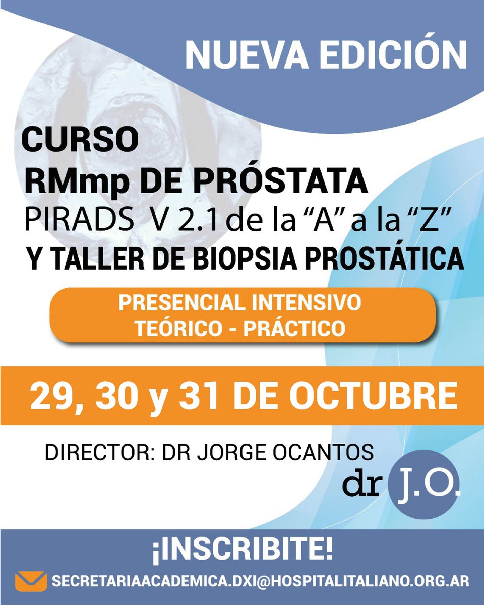 SAR (@socargrad) on Twitter photo 🎓¡Vuelve el Curso RMmp de Próstata V 2.1 (A-Z) con PIRADS v2.1!
📅 29, 30 y 31 de octubre | Modalidad presencial | Cupos limitados
Inscripciones y más info:
📩secretariaacademica.dxi@hospitalitaliano.org.ar 🎓¡Vuelve el Curso RMmp de Próstata V 2.1 (A-Z) con PIRADS v2.1!
📅 29, 30 y 31 de octubre | Modalidad presencial | Cupos limitados
Inscripciones y más info:
📩secretariaacademica.dxi@hospitalitaliano.org.ar