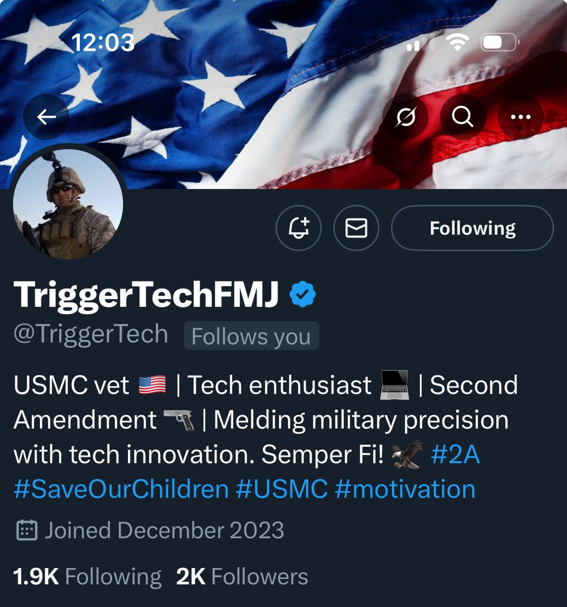 Please follow this USMC veteran who follows back. Thank you for your service. ⁦<a href="/TriggerTech/">TriggerTechFMJ</a>⁩