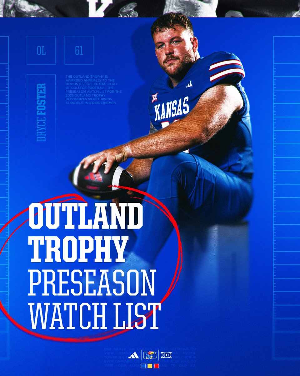 Kansas Football (@ku_football) on Twitter photo O-Line strength recognized 💪
<a href="/BryceFoster5/">Bryce Foster</a> earns a spot on the Outland Trophy Preseason Watch List, honoring college football’s top interior lineman
🔗→ bit.ly/KUFB-FosterOut… O-Line strength recognized 💪
<a href="/BryceFoster5/">Bryce Foster</a> earns a spot on the Outland Trophy Preseason Watch List, honoring college football’s top interior lineman
🔗→ bit.ly/KUFB-FosterOut…