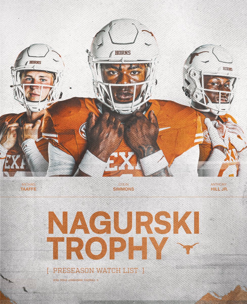 Texas Football (@texasfootball) on Twitter photo 3๏ธโฃ Longhorns land on the Nagurski Trophy watch list ๐ค <a href="/NagurskiTrophy/">Nagurski Trophy</a>
<a href="/thegoatanthony1/">Anthony Hill Jr</a> x <a href="/ColinSimmons__/">Colin Simmons โ๐พ Call Me D1๐ถ๐พโโ๏ธ</a> x <a href="/MichaelTaaffe4/">Michael Taaffe</a> 3๏ธโฃ Longhorns land on the Nagurski Trophy watch list ๐ค <a href="/NagurskiTrophy/">Nagurski Trophy</a>
<a href="/thegoatanthony1/">Anthony Hill Jr</a> x <a href="/ColinSimmons__/">Colin Simmons โ๐พ Call Me D1๐ถ๐พโโ๏ธ</a> x <a href="/MichaelTaaffe4/">Michael Taaffe</a>