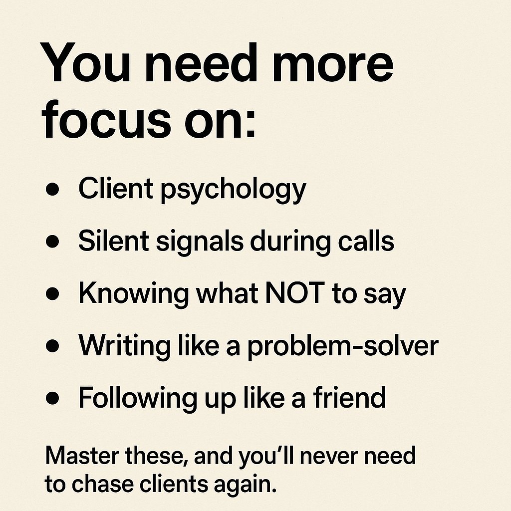 Shourav0fficial's tweet image. You need more focus on:
• Client psychology
• Silent signals during calls
• Knowing what NOT to say
• Writing like a problem-solve
• Following up like a friend
Save this. Read it 5x.Then act like it
#Freelancing #ClientStrategy #StartupTips #BusinessGrowth #DigitalMarketing