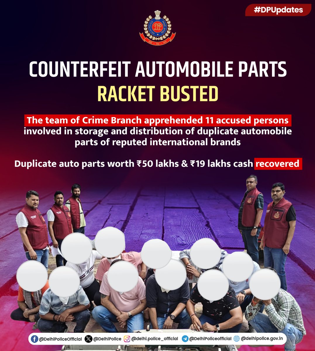 Delhi Police (@delhipolice) on Twitter photo The team of <a href="/CrimeBranchDP/">Crime Branch Delhi Police</a> busted a counterfeit automobile parts racket operating in Karol Bagh.
Acting on reliable inputs police team raided & apprehended 11 accused persons involved in storage and distribution of duplicate automobile parts of reputed international brands.
The The team of <a href="/CrimeBranchDP/">Crime Branch Delhi Police</a> busted a counterfeit automobile parts racket operating in Karol Bagh.
Acting on reliable inputs police team raided & apprehended 11 accused persons involved in storage and distribution of duplicate automobile parts of reputed international brands.
The