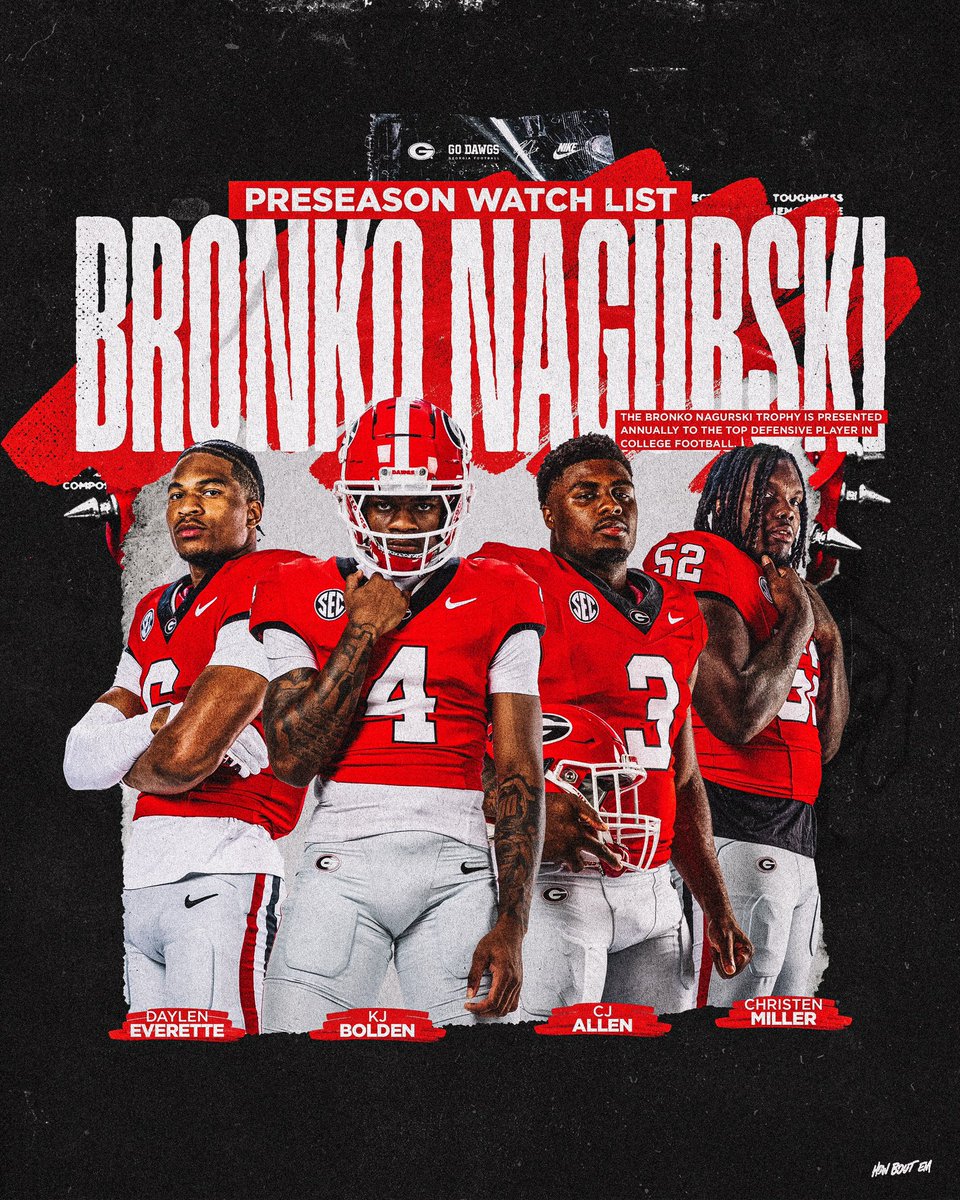 Four Dawgs have been named to the Bronko Nagurski Trophy Watch List. 

The Bronko Nagurski Trophy is presented annually to the Top Defensive Player in college football. 

#GoDawgs