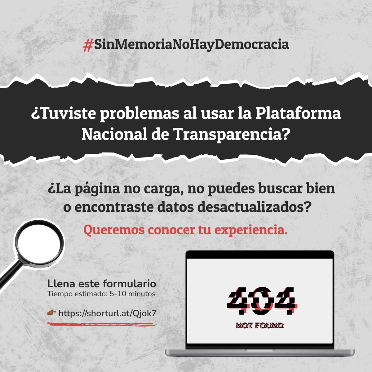🔍 ¿Tuviste problemas al usar la Plataforma Nacional de Transparencia?
 ¿La página no carga, no puedes buscar bien o encontraste datos desactualizados?
🗣 Queremos conocer tu experiencia
📝 Llena este formulario (5-10 min)
 👉🏿 forms.gle/5qbz3vVp82pyAg… 

#SinMemoriaNoHayDemocracia
