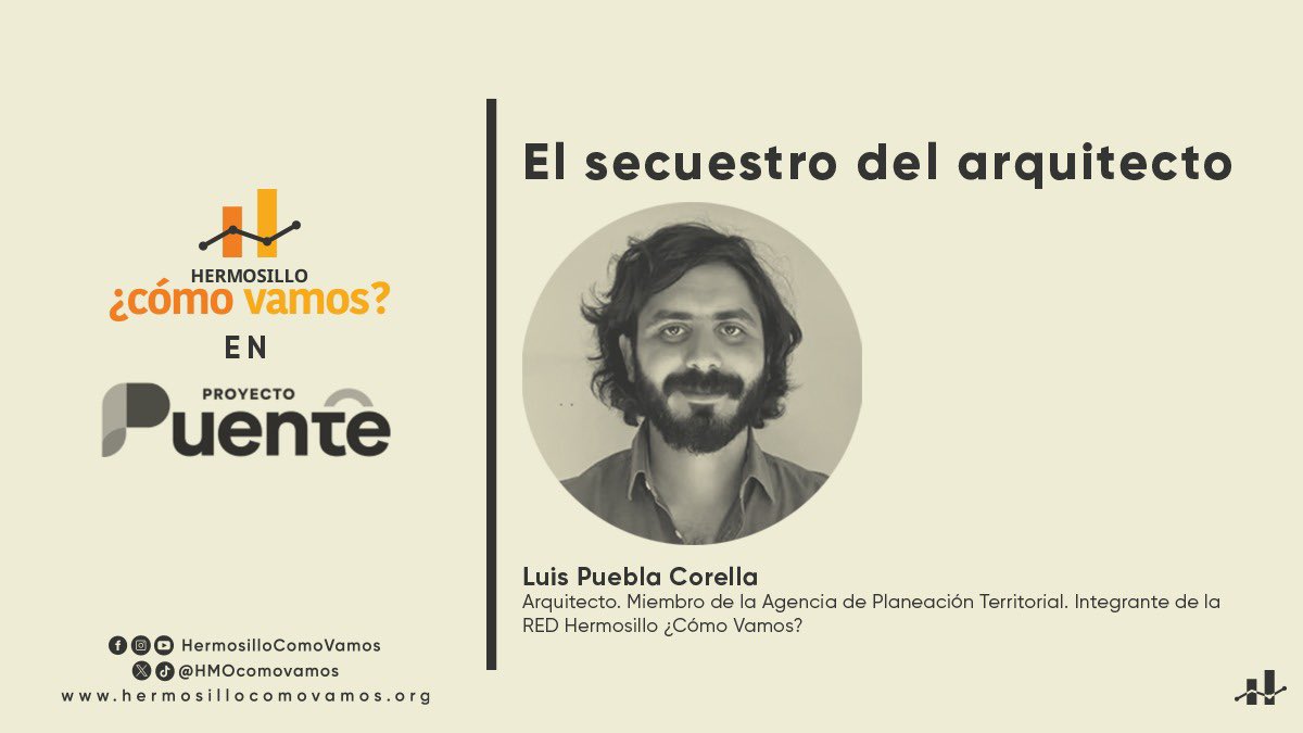 Hermosillo ¿Cómo Vamos? (@hmocomovamos) on Twitter photo ✍️ ¿Quién decide cómo se desarrolla una ciudad? Luis Puebla Corella expone sus ideas en la columna titulada “El secuestro del arquitecto”, publicada en <a href="/ProyectoPuente/">Proyecto Puente</a>
Haz clic en el enlace:
➡️ tinyurl.com/jakft6y8
#RedHCV ✍️ ¿Quién decide cómo se desarrolla una ciudad? Luis Puebla Corella expone sus ideas en la columna titulada “El secuestro del arquitecto”, publicada en <a href="/ProyectoPuente/">Proyecto Puente</a>
Haz clic en el enlace:
➡️ tinyurl.com/jakft6y8
#RedHCV