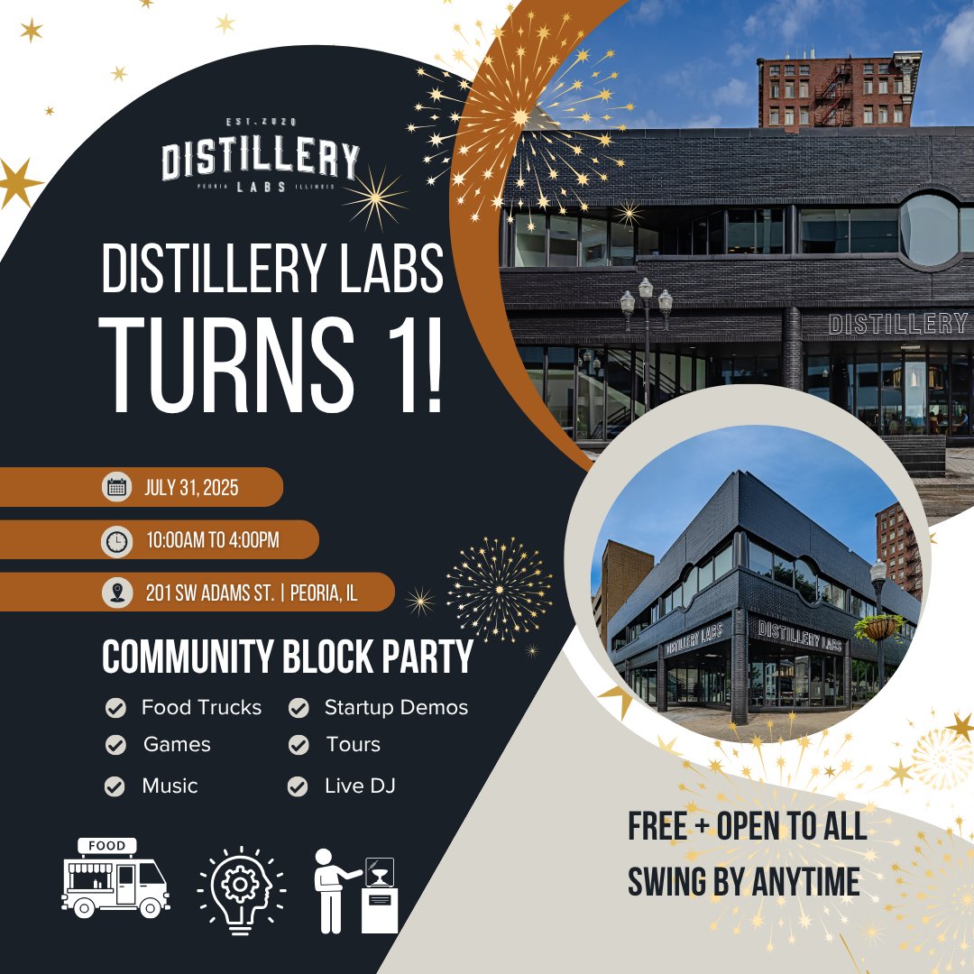 Distillery Labs is turning ONE—and the whole region is invited to the party! 🎉

📍 Fulton Plaza, Peoria
🗓 Thursday, July 31
⏰ 10 AM – 4 PM
🍔 Food trucks
🚀 Startup demos
🎶 Music + Live DJ

Stop by anytime and see what’s powering Peoria’s innovation engine.