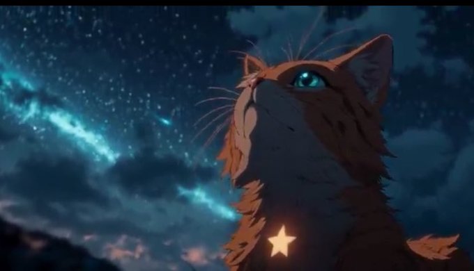 Starry-eyed cat with a glowing star necklace under a cosmic sky