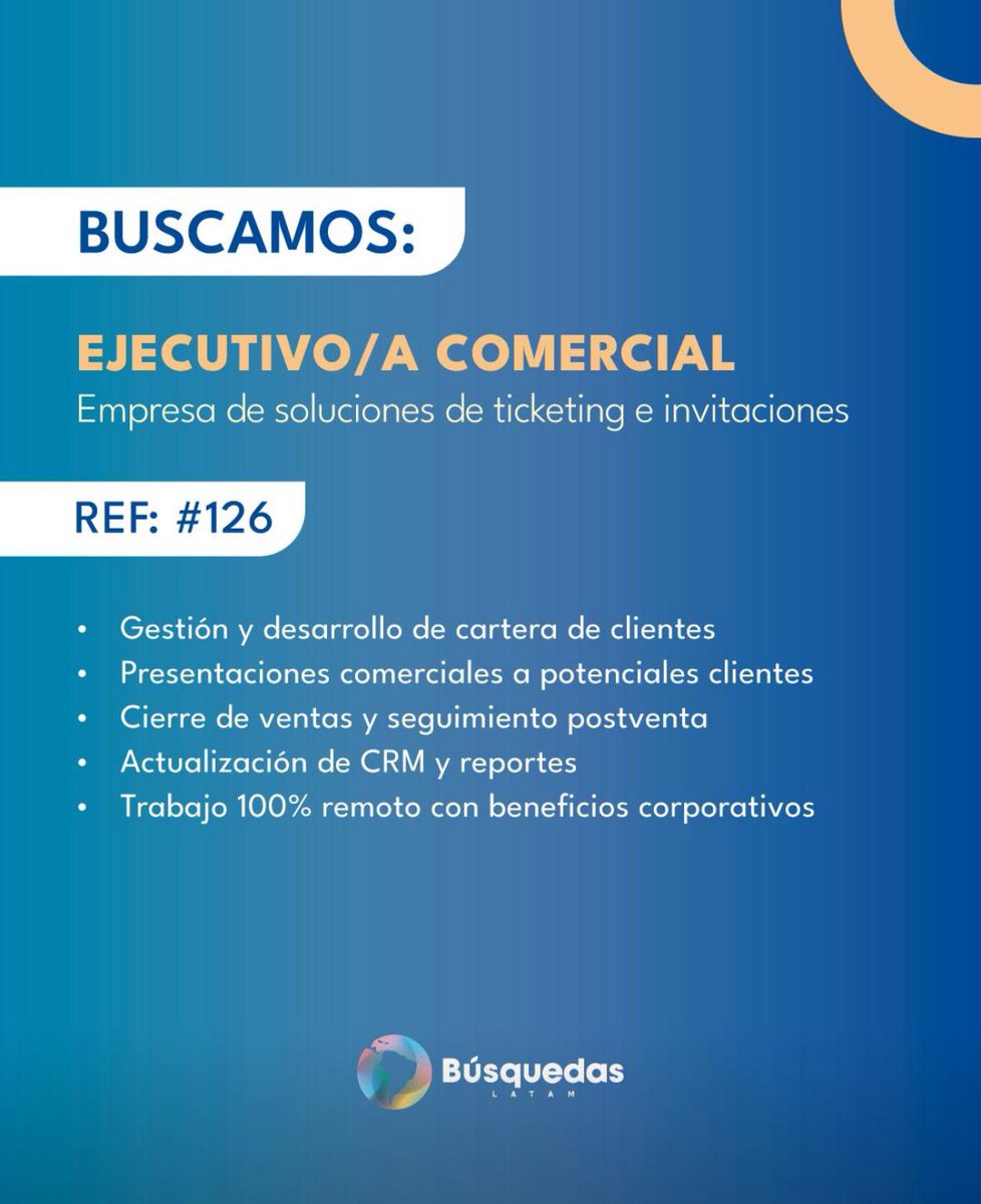 📣 Estamos en la búsqueda de un/a Ejecutivo/a Comercial

🧭 Responsabilidades destacadas:
• Identificar nuevas oportunidades de negocio
• Presentar productos y servicios a potenciales clientes
• Acompañar todo el proceso comercial

🔗 Postulate acá  lnkd.in/ddvy6kA4