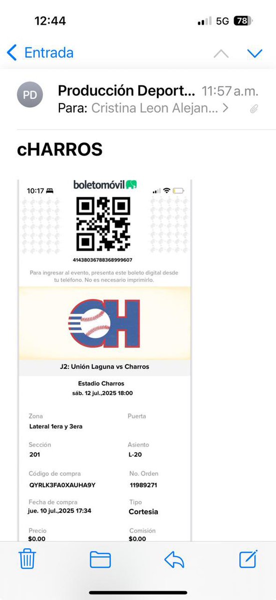 CRISTYLEON07's tweet photo. @jeronimocamber2 Presi me llegó hoy un correo que me gane los boletos para ver hoy a los @charrosbeisbol pero los boletos que me mandaron son del sábado pasado https://t.co/sOoscxOKBB