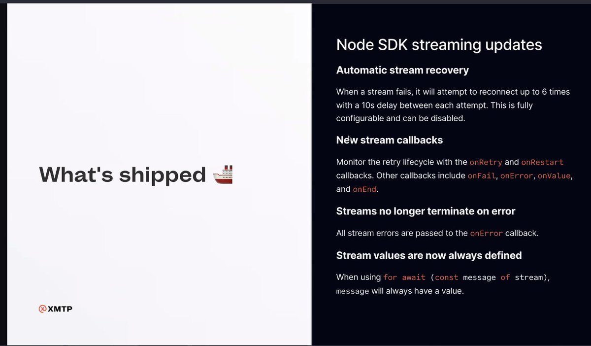 We had a big update on how agents work on <a href="/xmtp_/">XMTP</a> today during our dev call. Automatic stream recovery helps all agents ensure no downtime. 

So much more work to make XMTP the best place to build agents that can interact on a decentralized and secure messaging network with humans