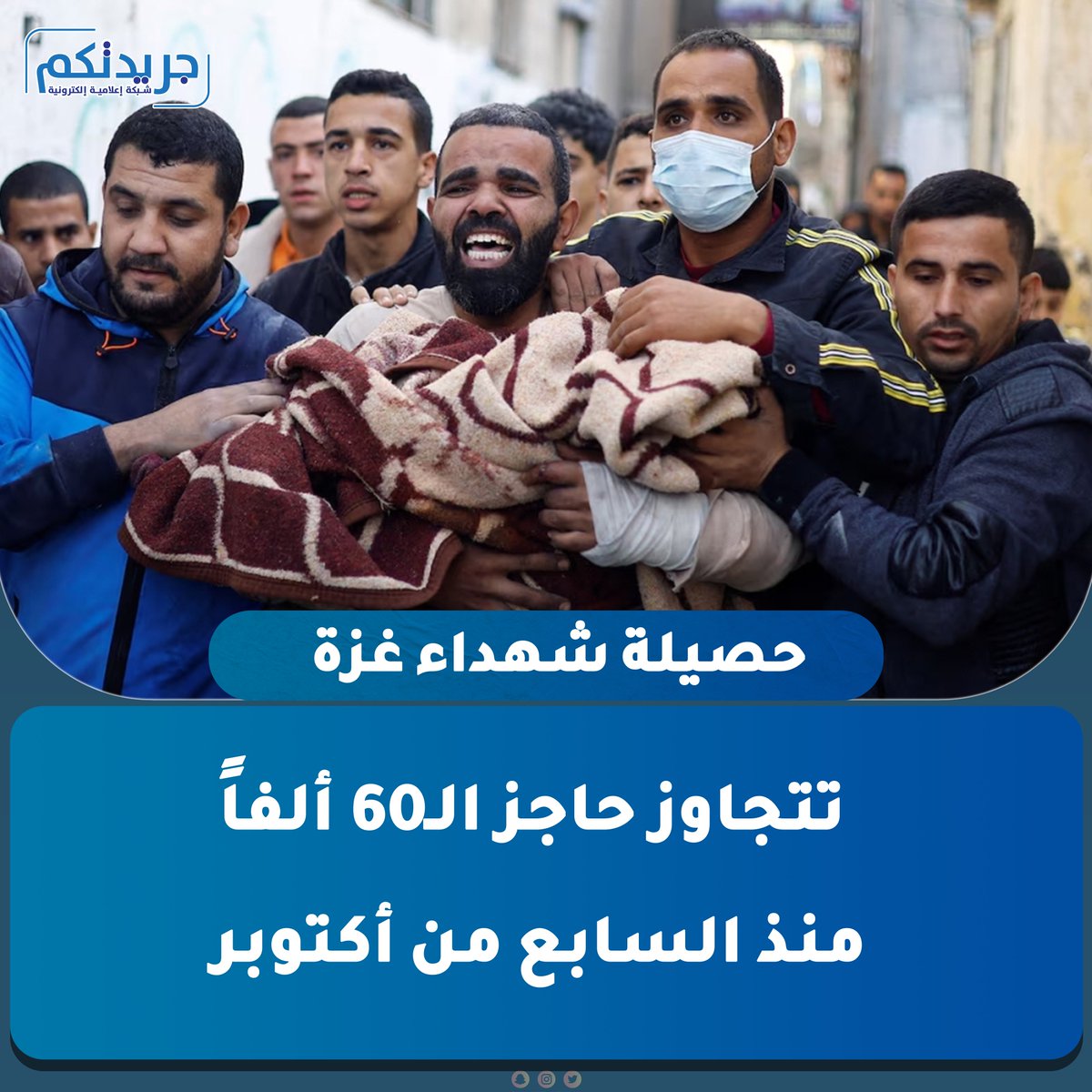 حصيلة شهداء #غزة تتجاوز حاجز الـ60 ألفاً منذ السابع من أكتوبر  

• 113 شهيداً و637 مصاباً خلال آخر 24 ساعة  

• ارتفاع عدد ضحايا «لقمة العيش» إلى 1179 شهيداً