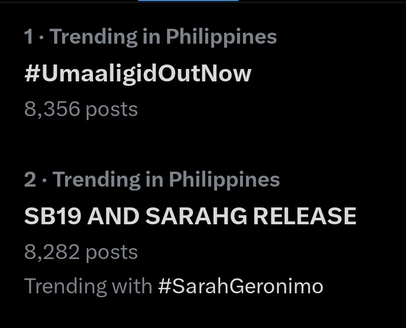 maria171819g's tweet photo. Top trending 

SB19 AND SARAHG RELEASE
@SB19Official #SB19
@JustSarahG #SarahGeronimo
#UmaaligidOutNow https://t.co/tH5K42mQ3d