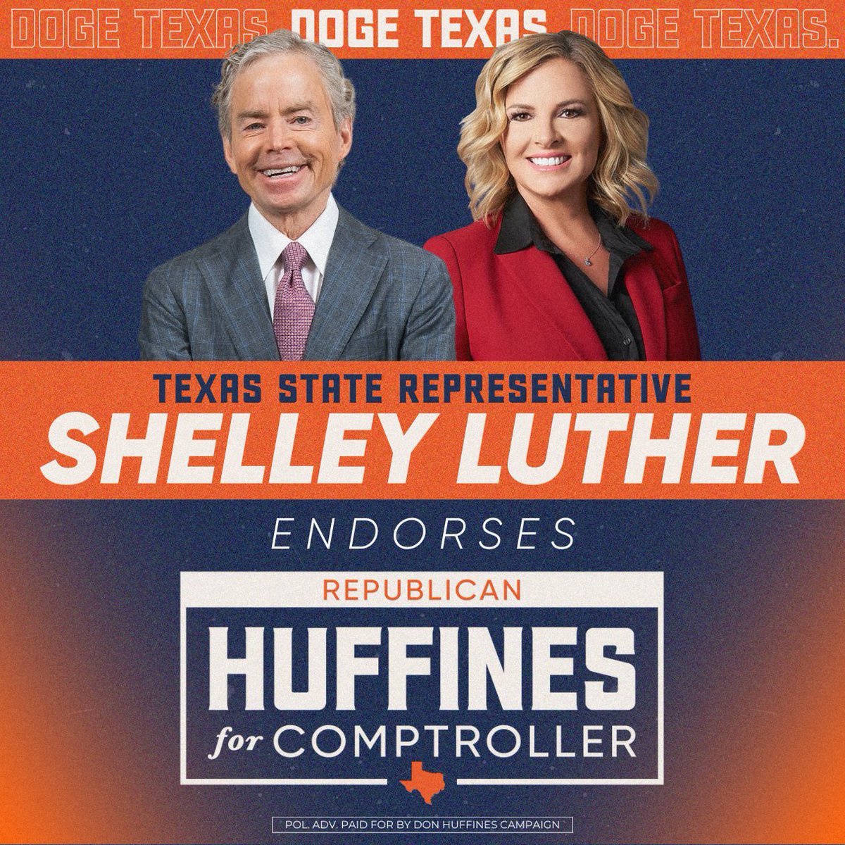 Don Huffines (@donhuffines) on Twitter photo I am honored to have the endorsement of Texas State Rep. <a href="/ShelleyLuther/">Shelley Luther</a>, a fighter who had the courage to stand when it mattered most.
"Don Huffines has dedicated himself to advancing conservative principles in politics, and more importantly, he has demonstrated those values I am honored to have the endorsement of Texas State Rep. <a href="/ShelleyLuther/">Shelley Luther</a>, a fighter who had the courage to stand when it mattered most.
"Don Huffines has dedicated himself to advancing conservative principles in politics, and more importantly, he has demonstrated those values